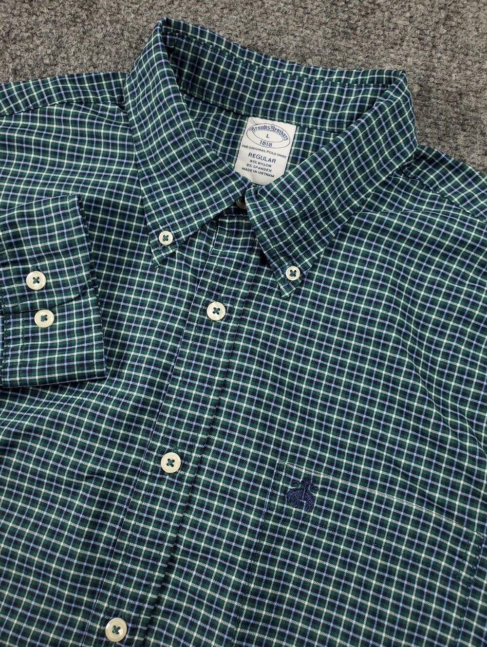 Brooks Brothers Performance Stretch Shirt Large Regular Navy Green Tattersall